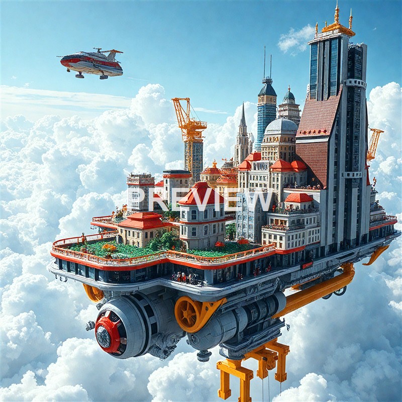 A futuristic cityscape built on a floating platform high above the clouds, featuring various buildings with diverse architectural styles and construction cranes, with a flying vehicle nearby.